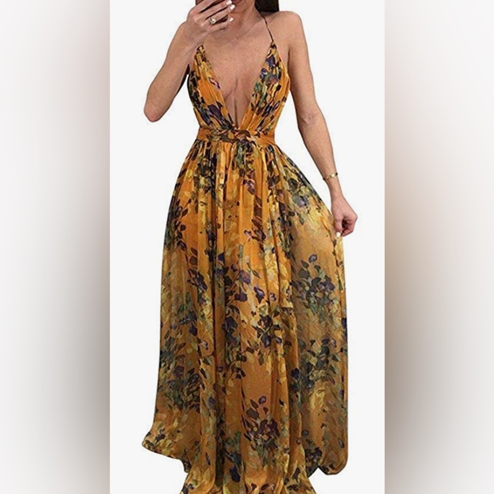 Womens Sexy Spaghetti Strap Deep V Neck Floral Cross Backless Long Maxi Dress